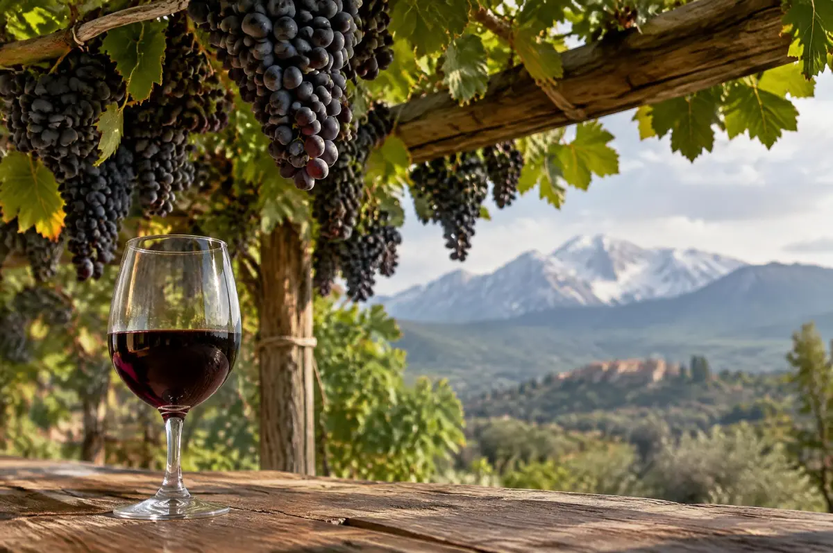 Montepulciano-druer under pergola med Gran Sasso-bjergene bag, Abruzzo