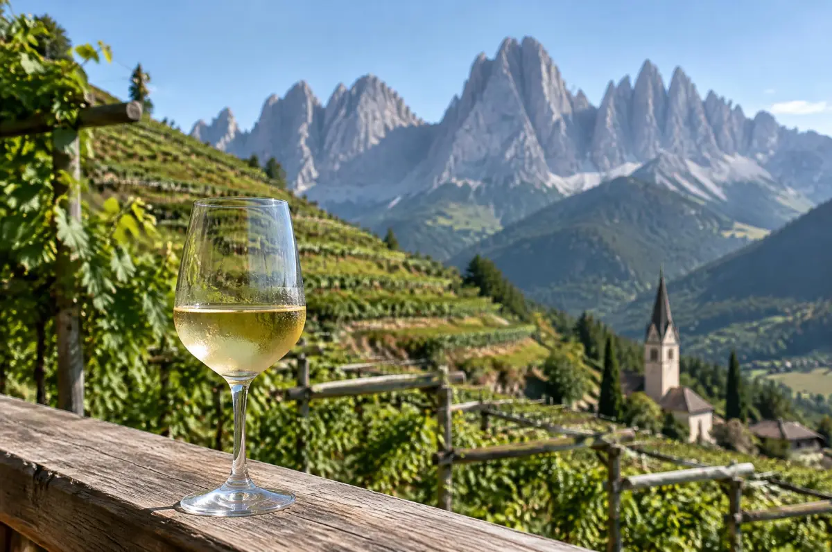 Stejle vinmarker og glas hvidvin med Dolomitterne i baggrunden, Alto Adige