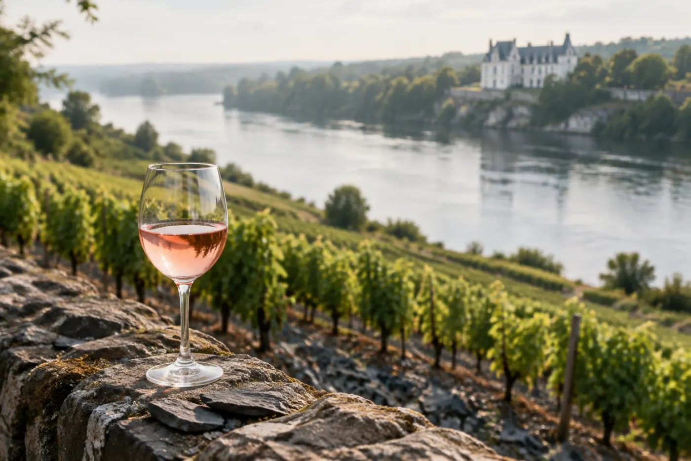 Vinmarker ved Loire-floden med et glas laksefarvet rosé på en mur