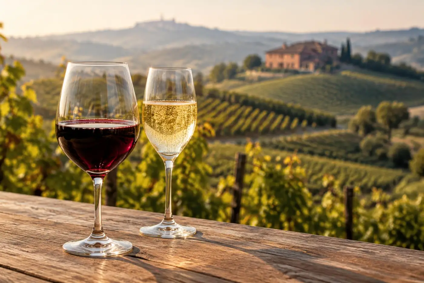 Vinmarker i Monferrato-bakkerne ved Asti med et glas rødvin og et glas mousserende vin