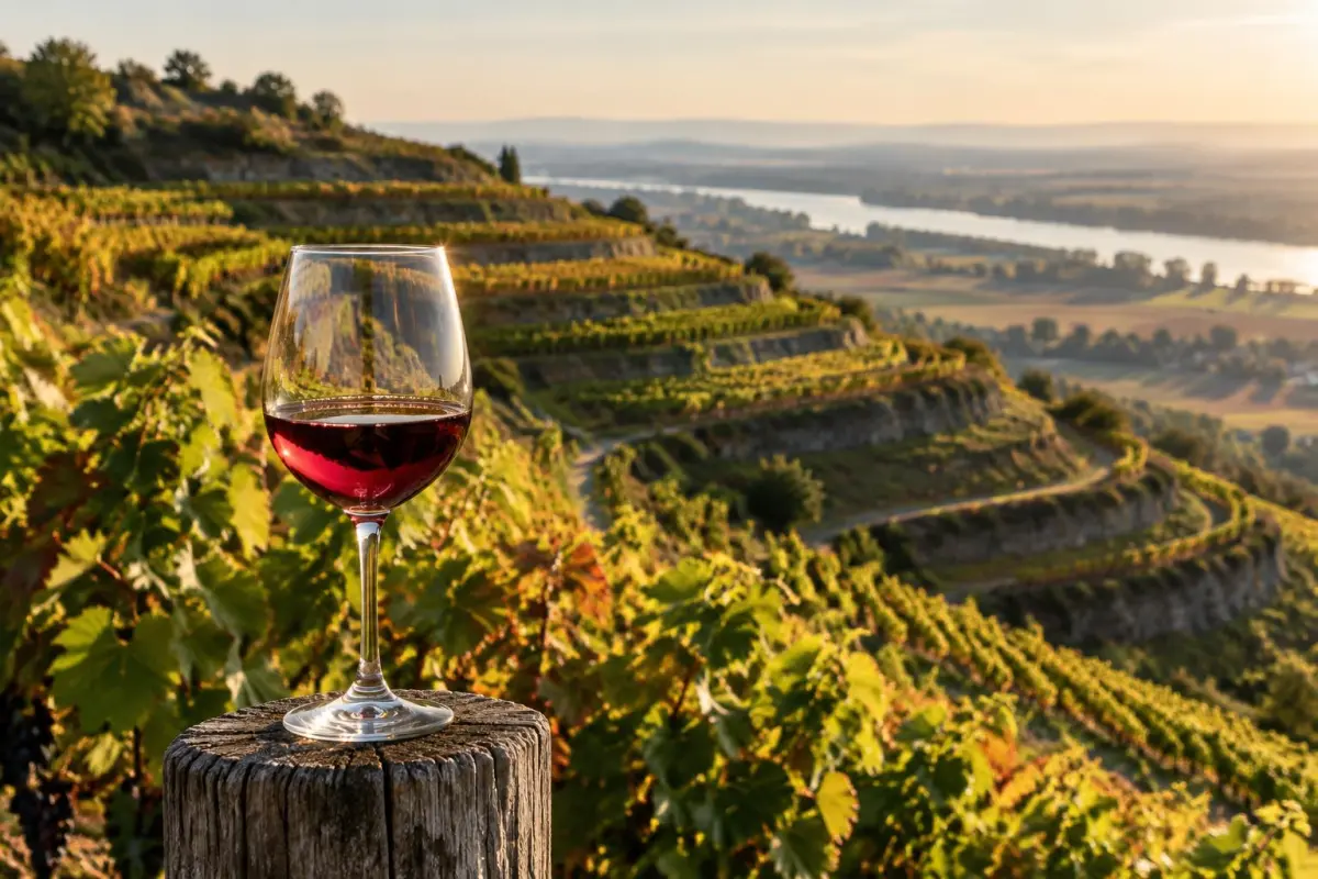 Terrasserede vinmarker på Kaiserstuhl i sensommerlys med et glas rubinrød Pinot Noir