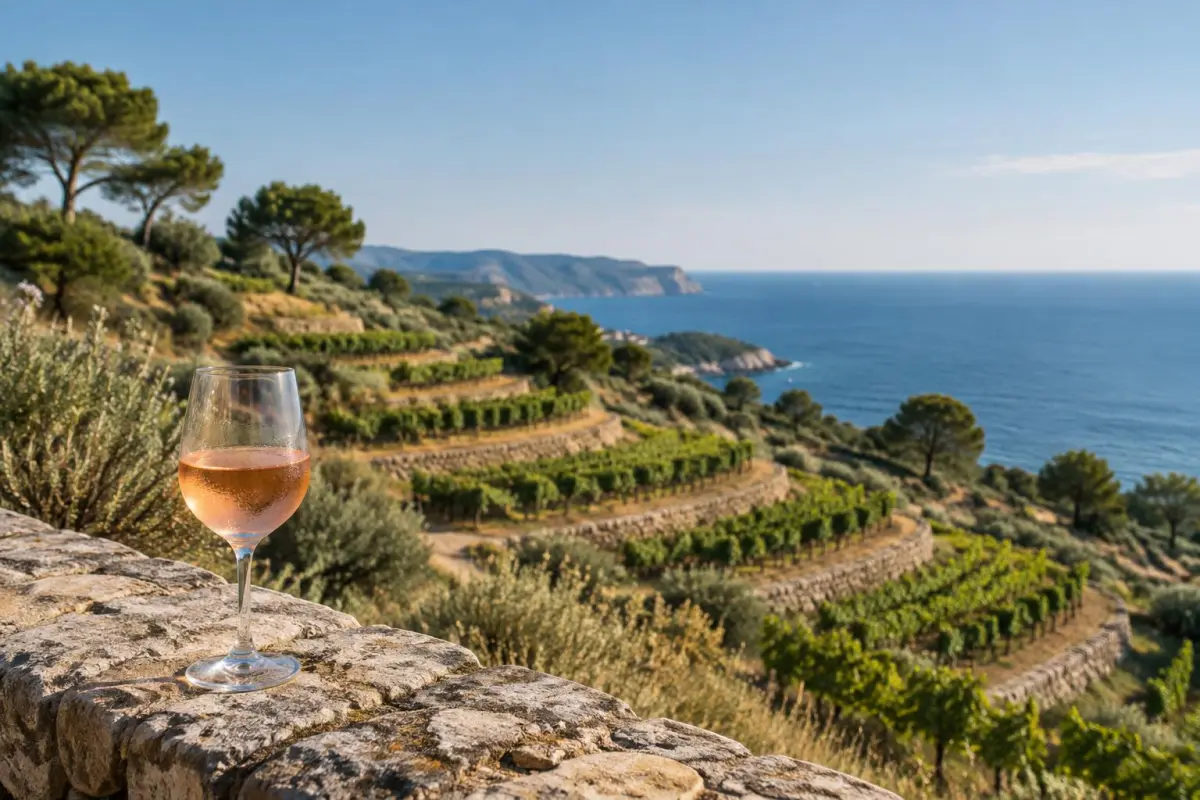 Terrasserede vinmarker med stengærder ned mod Middelhavet og et glas rosévin