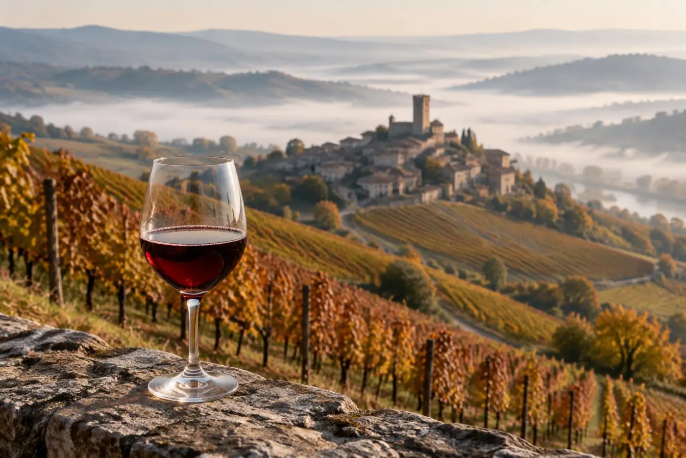 Stejle vinmarker med Nebbiolo på bakkerne ved Barbaresco med et glas lys rødvin