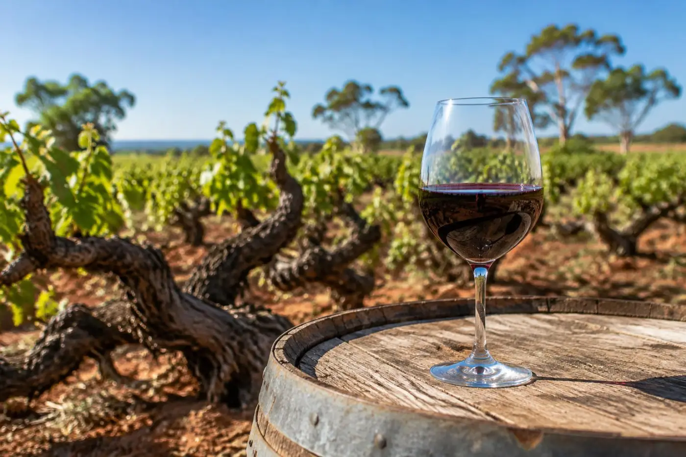 Gamle, knudrede Shiraz-stokke i Barossa Valley med rød jord og et glas mørk rødvin