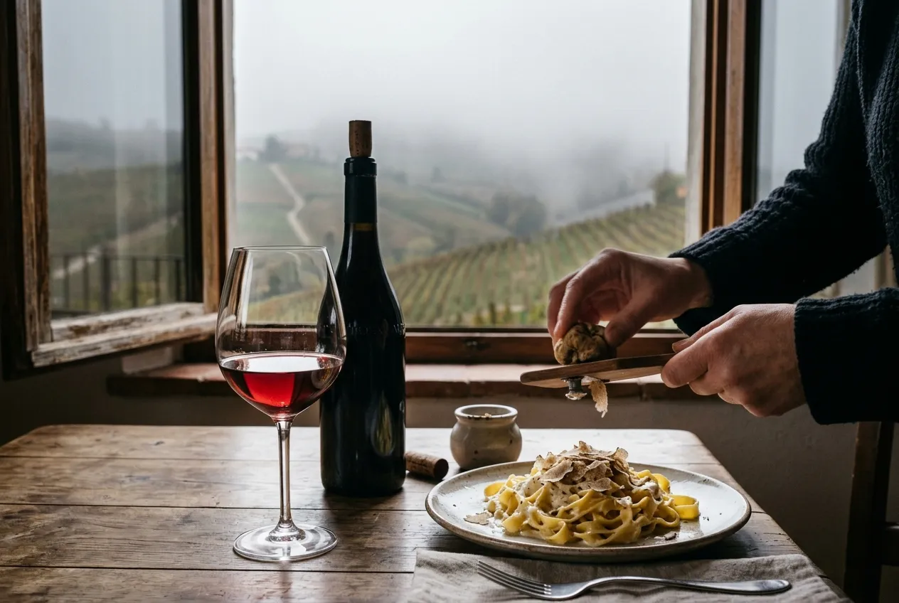 Glas Barolo og tagliatelle med frisk trøffel foran tåget Langhe-udsigt