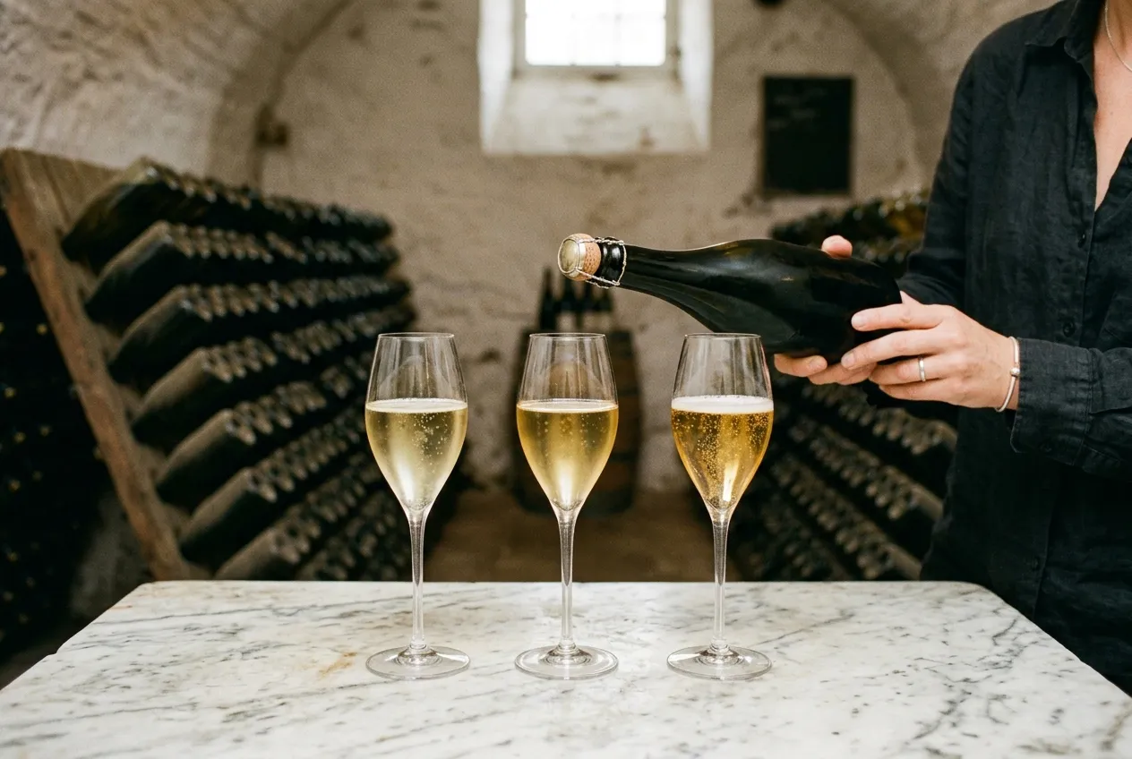 Tre champagneglas i forskellige gyldne nuancer i kridtkælder