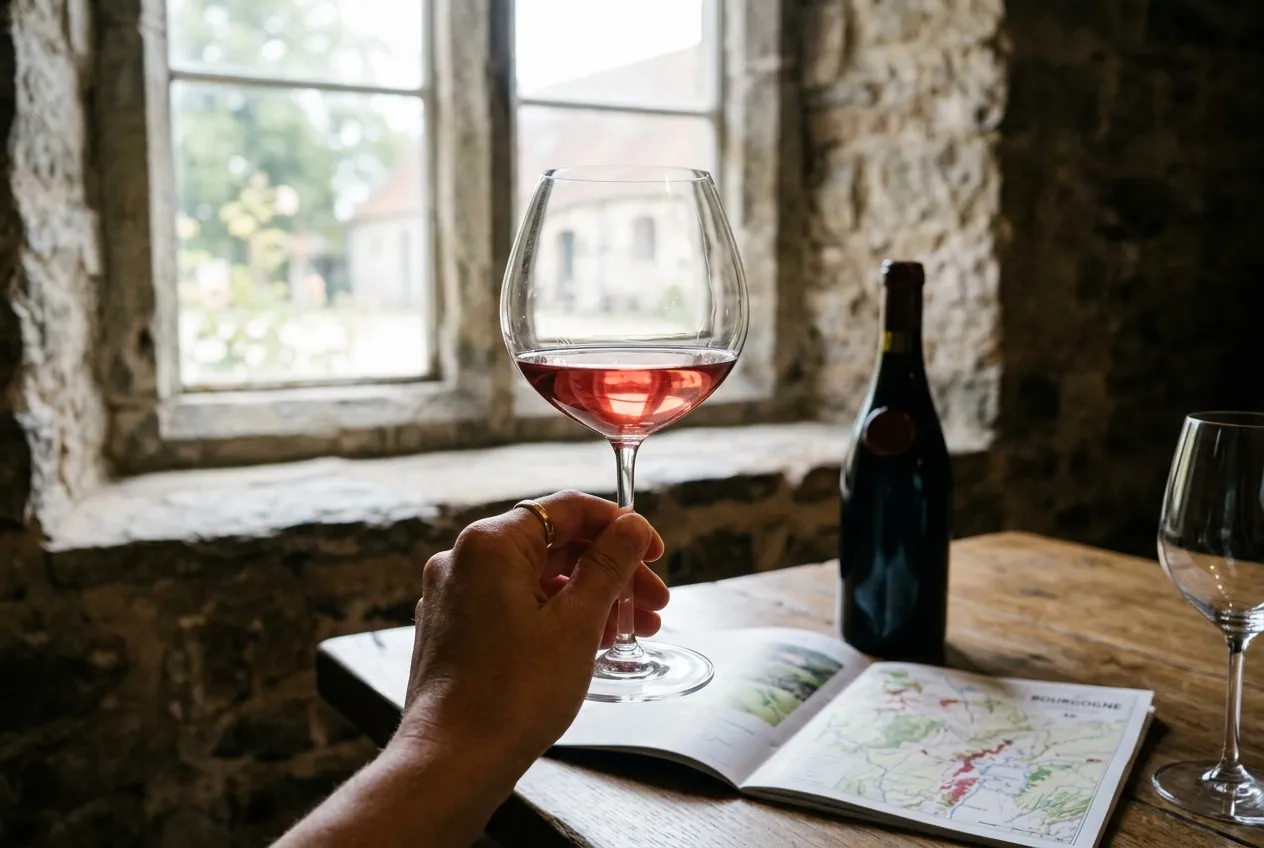 Hånd holder glas lys rubinrød Pinot Noir op mod vindueslyset