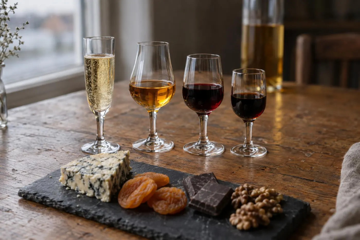 Fire glas søde vine fra lys Moscato til mørk Pedro Ximénez med blåskimmelost, abrikoser og chokolade