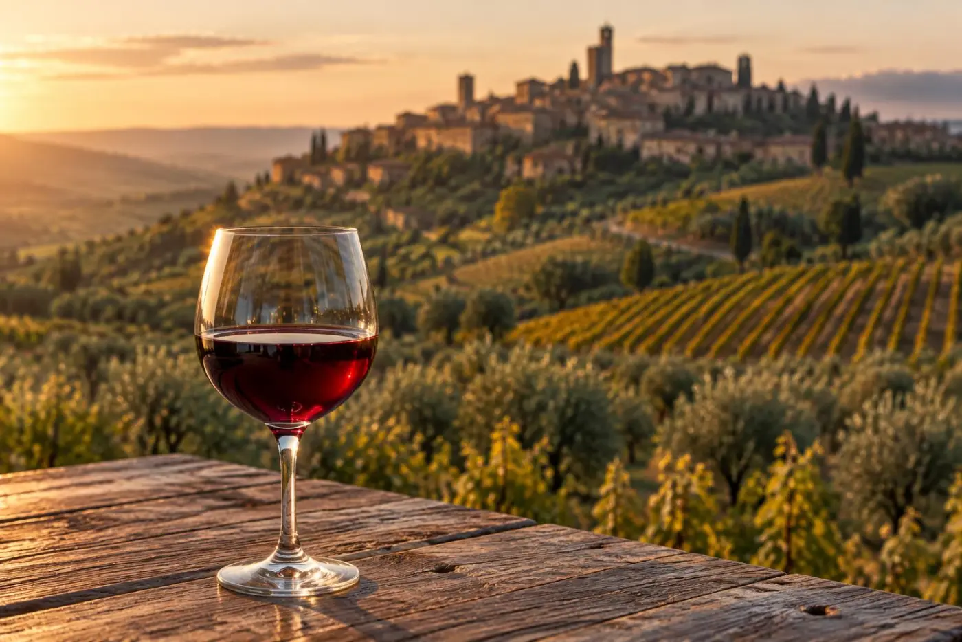 Bakkebyen Montalcino over vinmarker og olivenlunde med et glas mørk rødvin