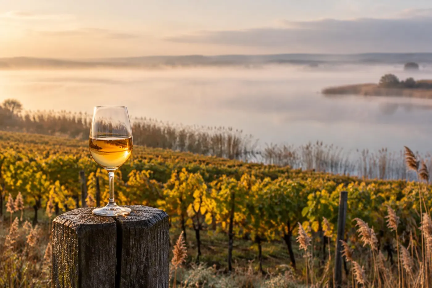 Vinmarker ved bredden af Neusiedlersee i efterårståge med et glas gylden dessertvin