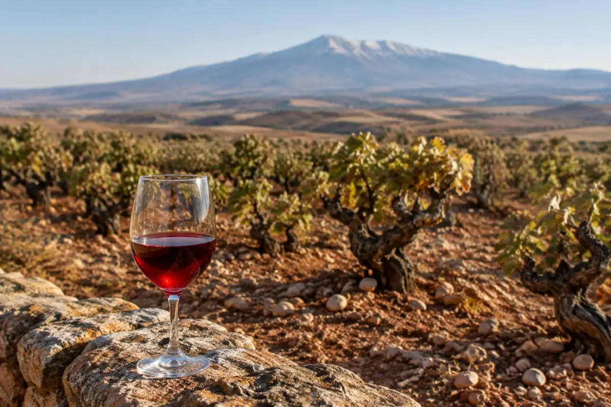 Gamle Garnacha-buskstokke på stenet jord med Moncayo-bjerget og et glas rødvin