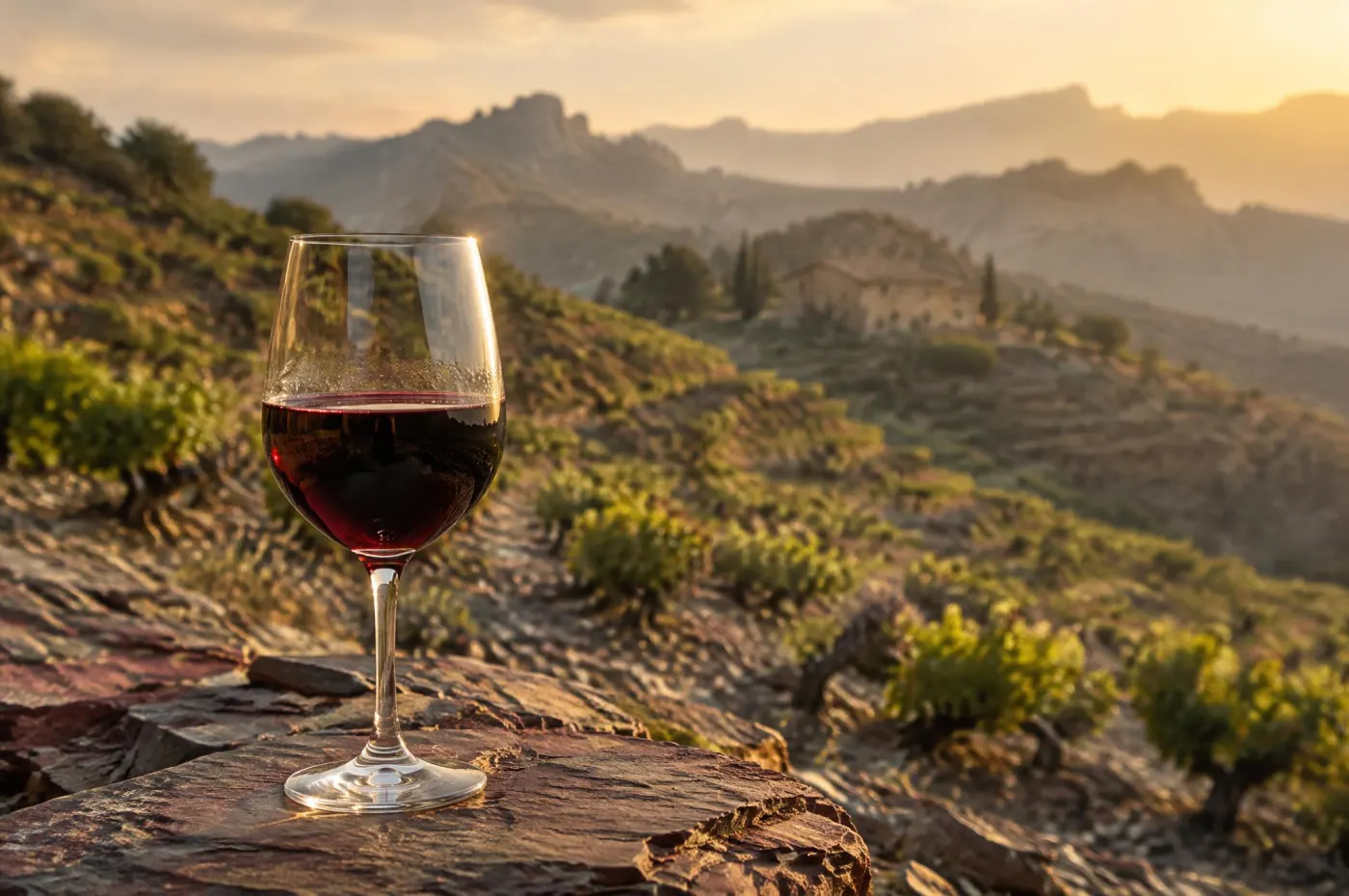Skiferskråninger med gamle vinstokke og glas rødvin, Catalonien