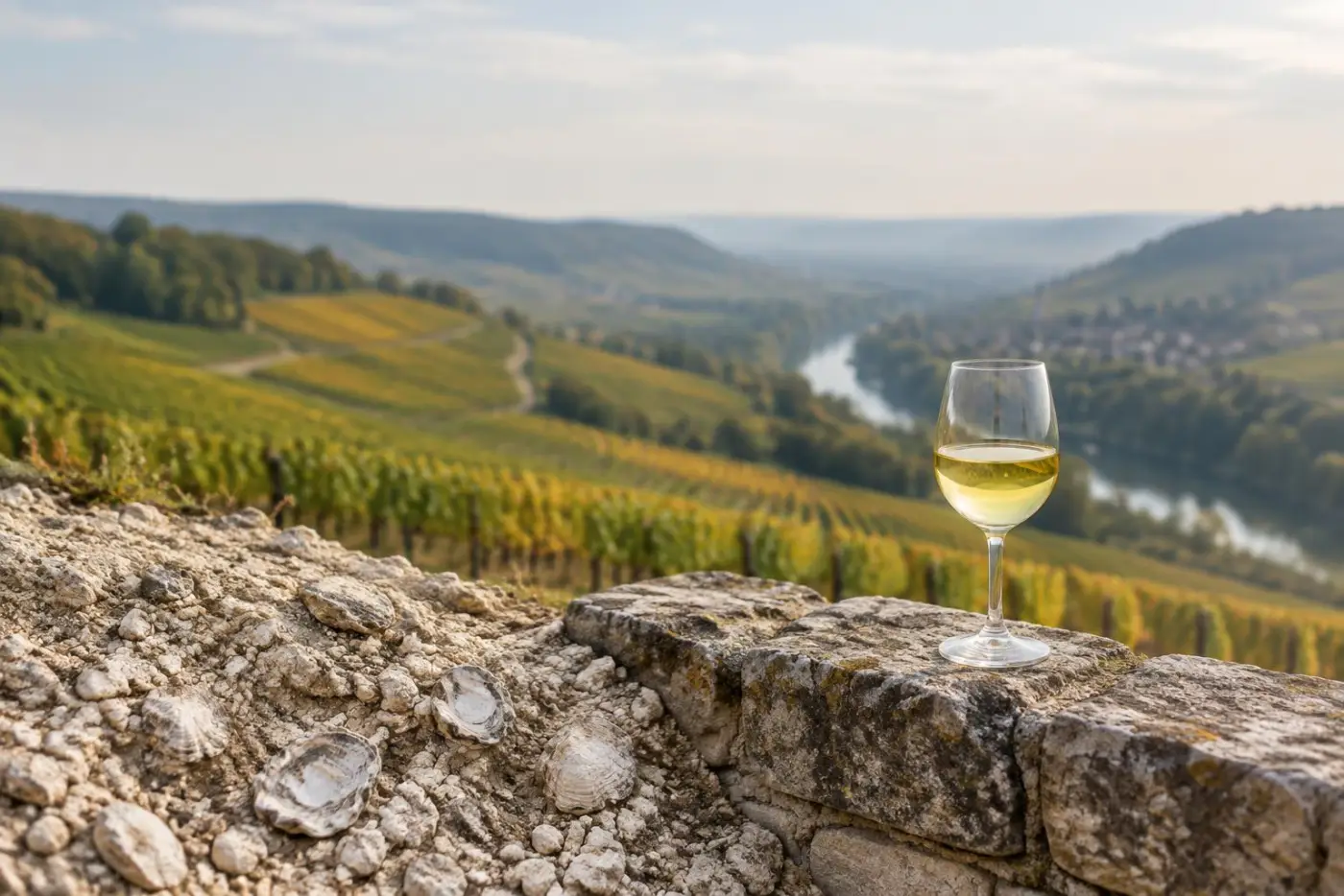 Vinmarker på kalkrige skråninger ved Chablis med et glas bleg hvidvin i forgrunden