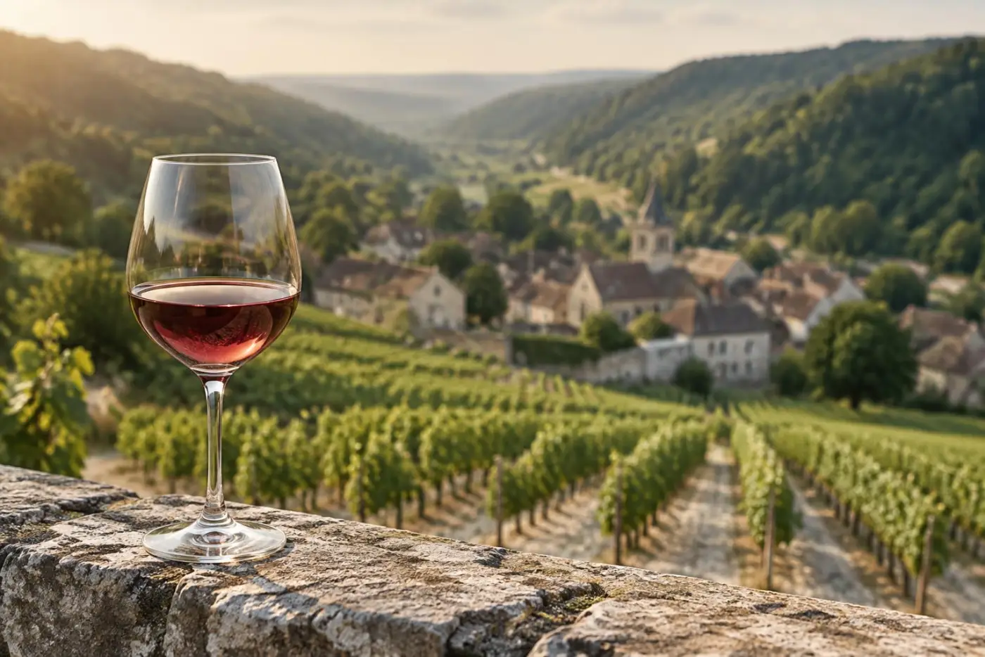 Smal dal med vinmarker ved Chambolle-Musigny og et glas lys, klar rød Pinot Noir