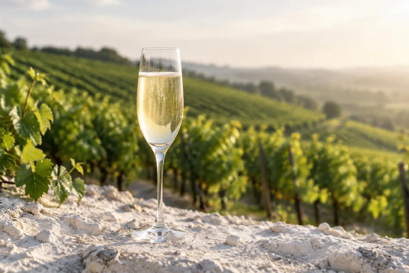 Glas med lys blanc de blancs champagne på hvid kridtjord i en Chardonnay-vinmark