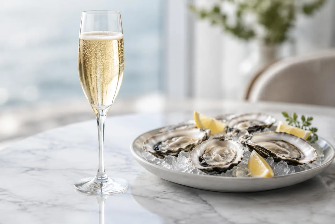 Glas med tør, lysegylden champagne ved siden af en tallerken friske østers på is