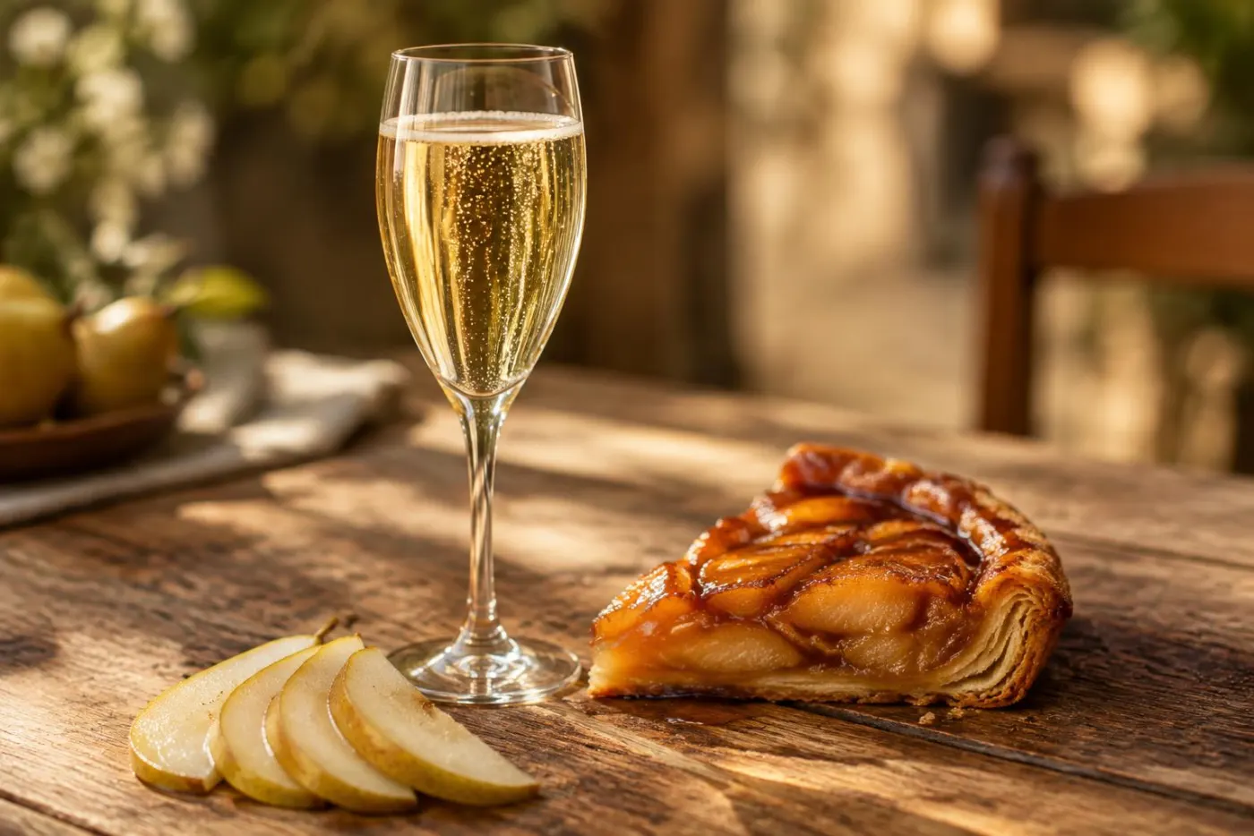 Glas med gylden demi-sec champagne ved siden af et stykke æbletærte