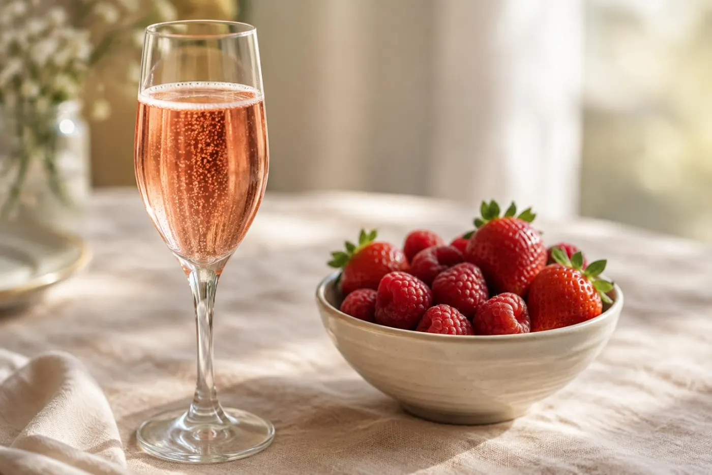 Glas med laksefarvet rosé champagne ved en skål friske hindbær og jordbær