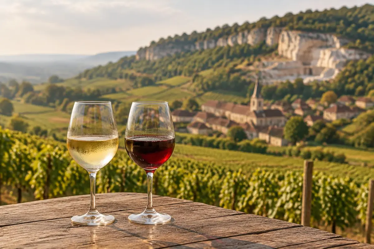 Vinmarker ved en landsby i Bourgogne med et glas hvidvin og et glas rødvin