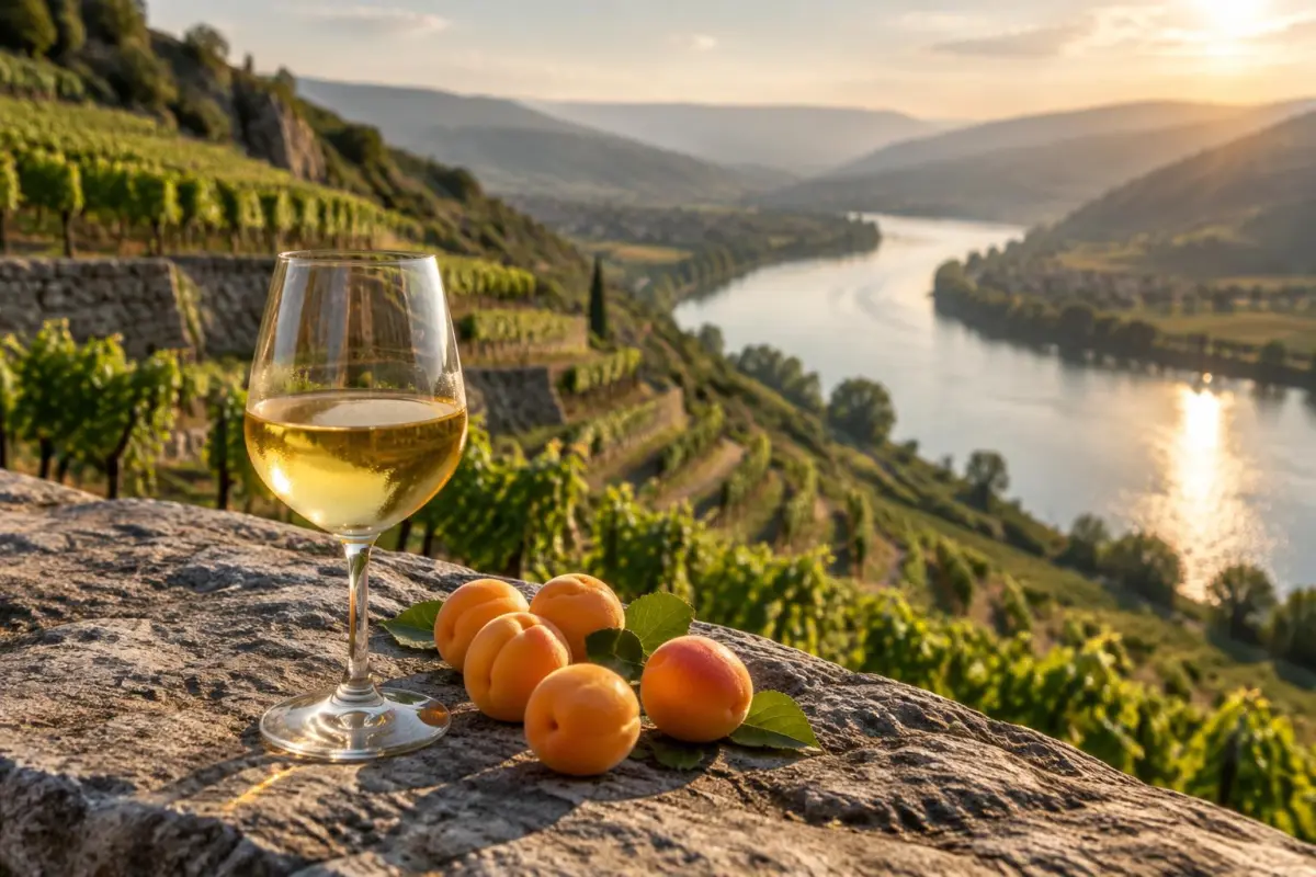 Granitterrasser med vinstokke over Rhône og et glas gylden hvidvin
