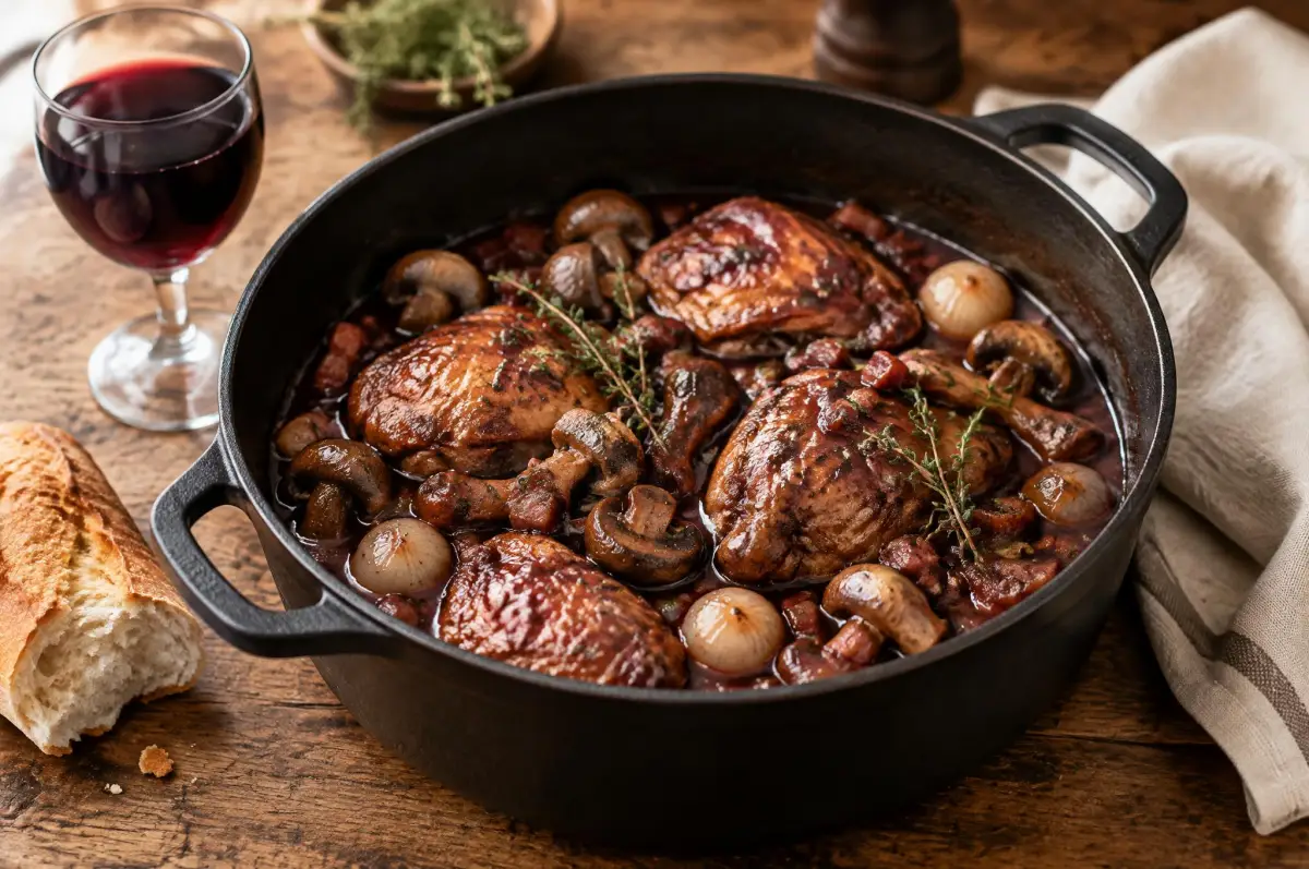 Coq au vin i støbejernsgryde med et glas rødvin ved siden af
