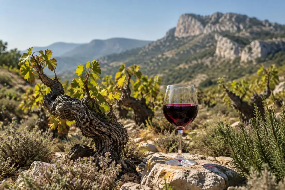 Vinstokke i stenet garrigue-landskab med bjerge og et glas mørk rødvin