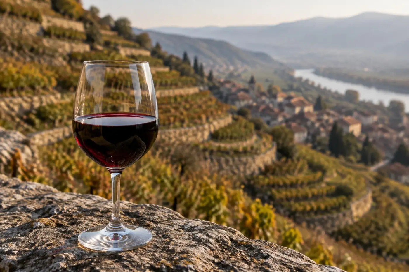 Stejle granitterrasser med Syrah-vinstokke og et glas næsten sort rødvin
