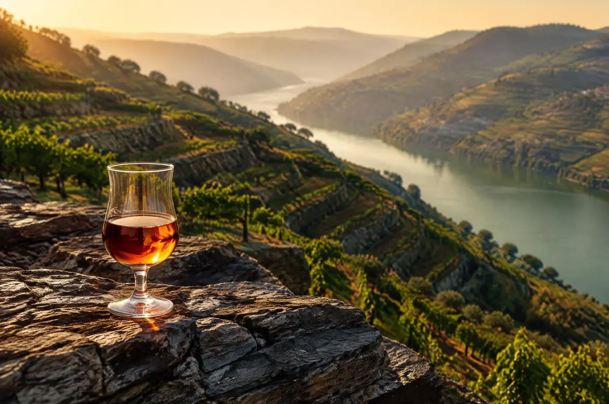Terrasserede skifervinmarker over Douro-floden med glas portvin