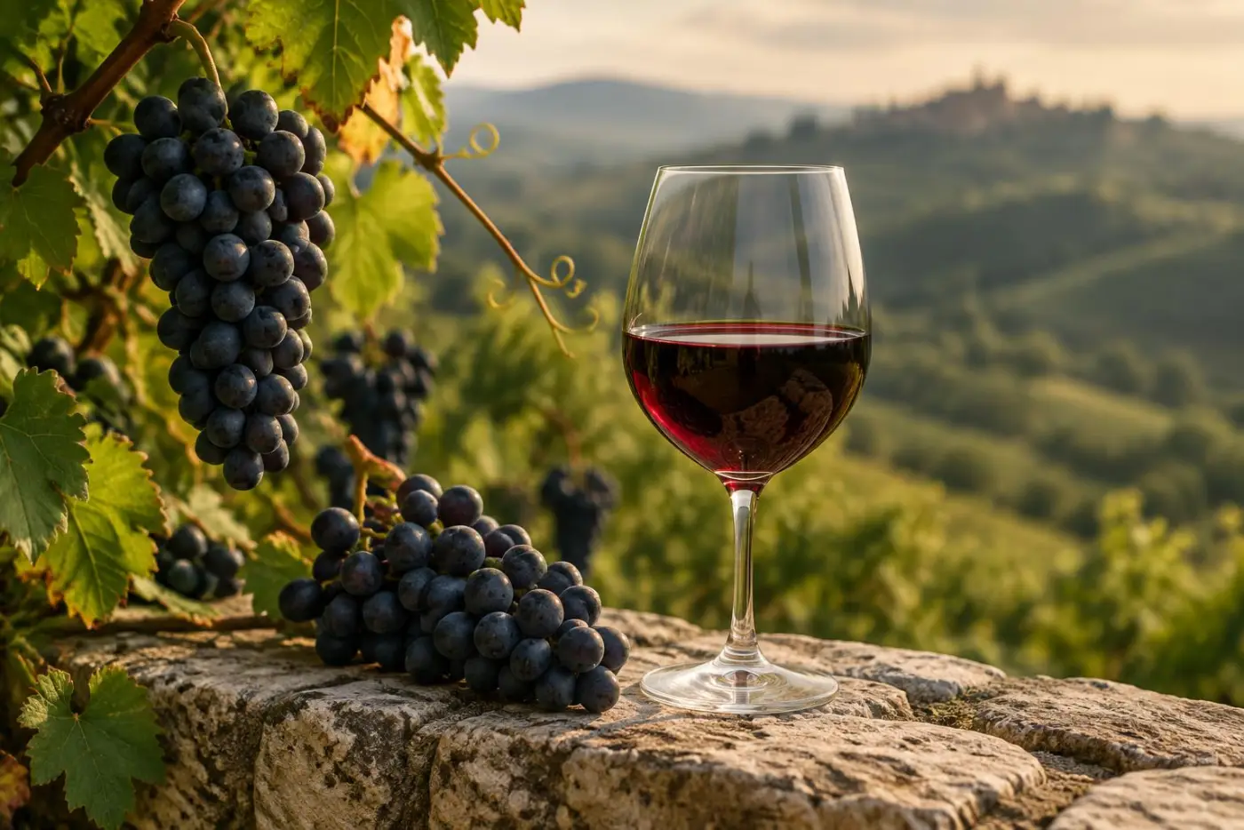 Et glas mørk rubinrød rødvin foran Aglianico-druer og grønne bakker i Campania
