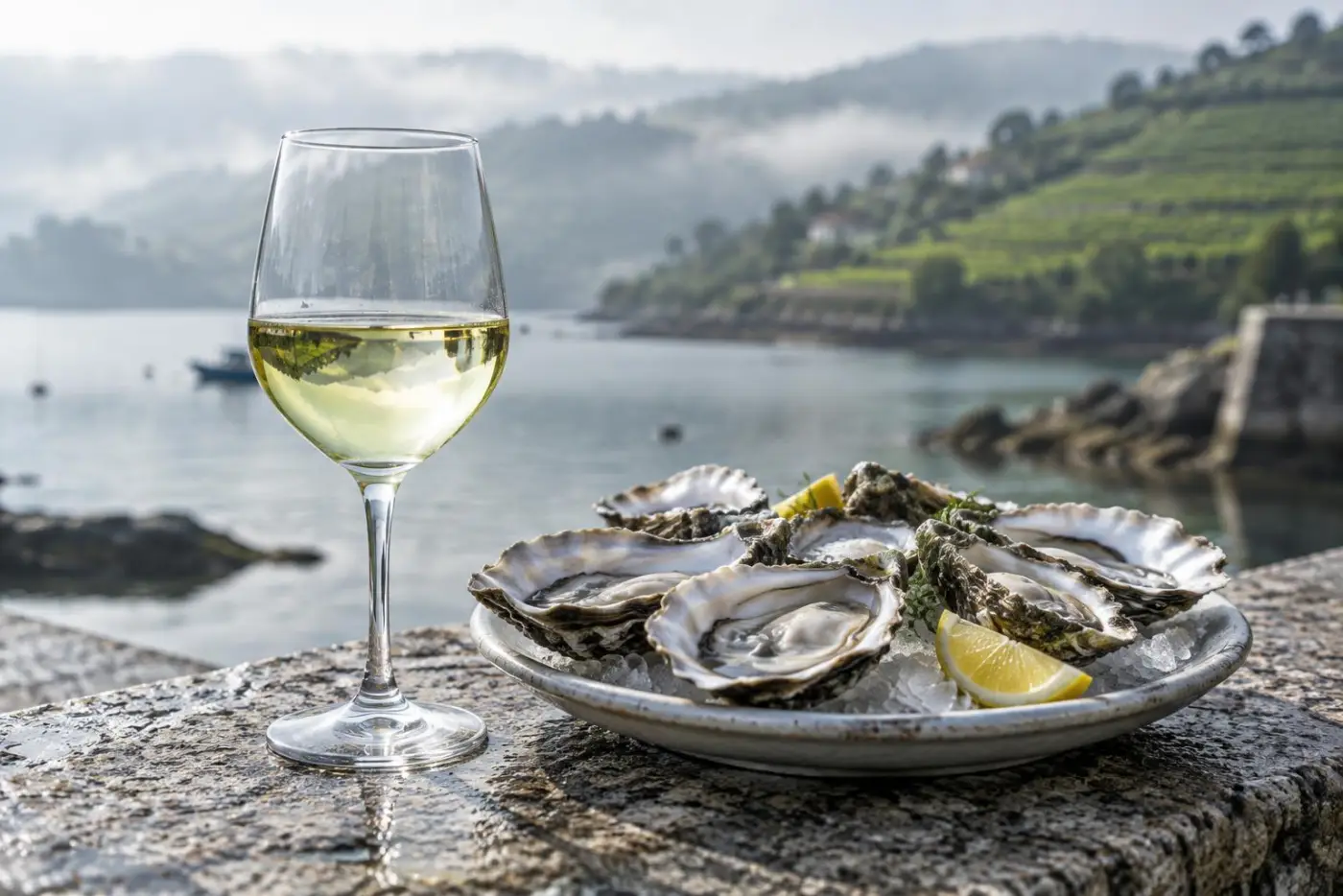Glas lys Albariño med østers på stenmole ved Galiciens atlanterhavskyst