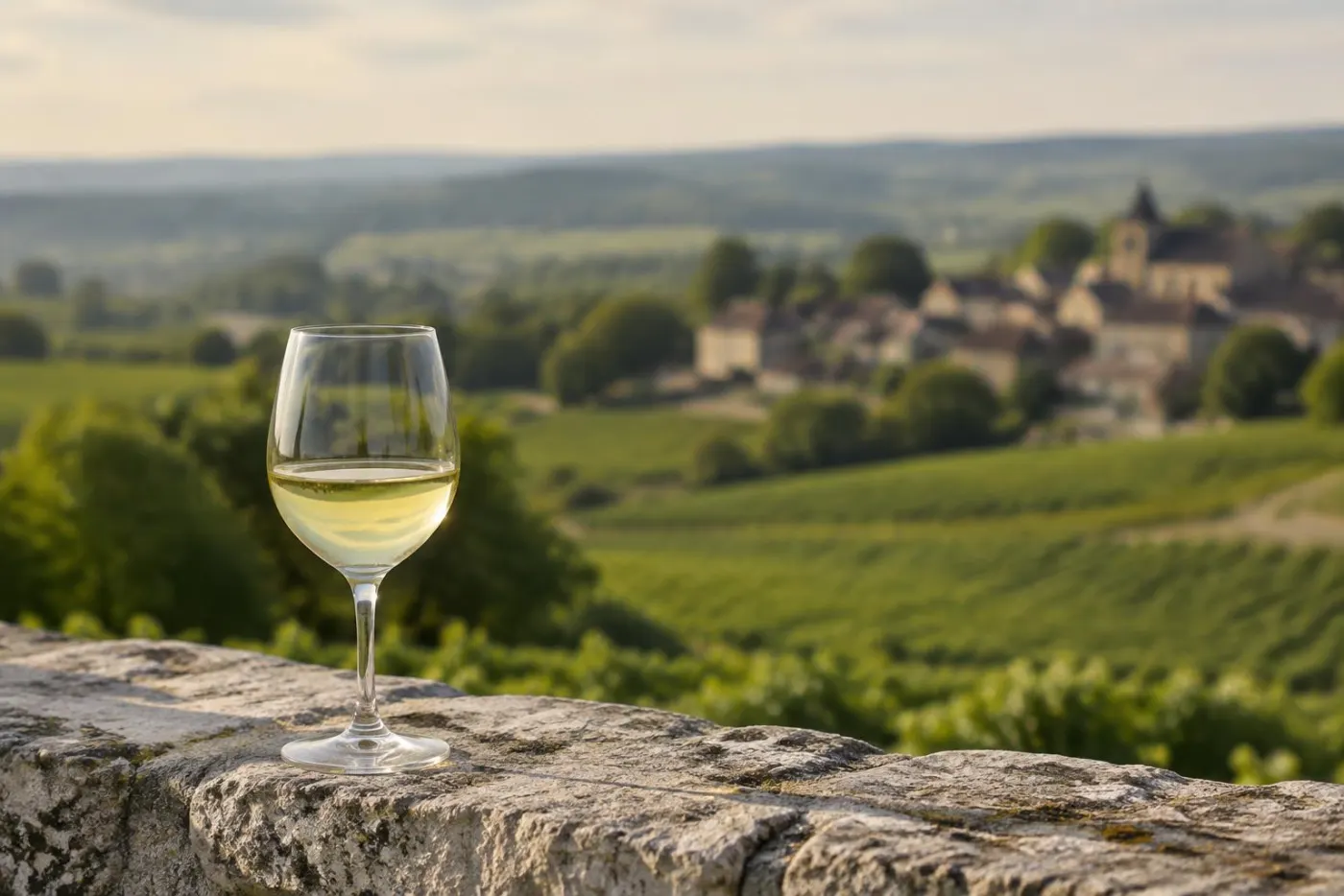 Glas bleggylden Aligoté på stenmur foran grønne vinmarker i Bourgogne
