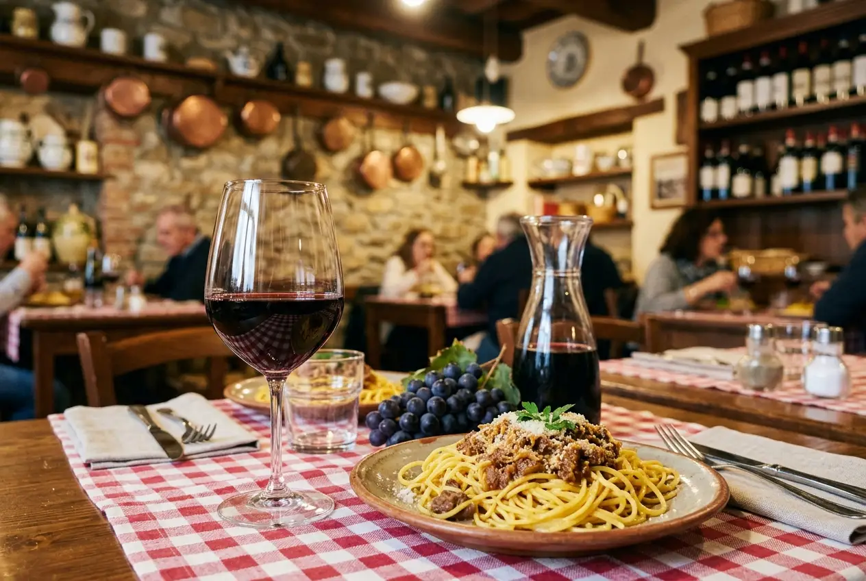 Glas saftig Barbera og pasta med ragù på ternet dug i piemontesisk trattoria