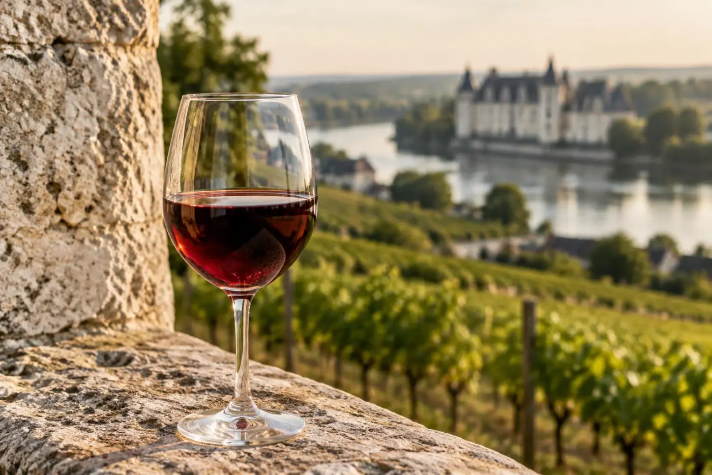 Glas rødvin på stenmur foran vinmarker og kalkstensslot ved Loire-floden