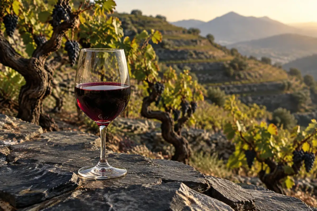 Glas mørk rødvin foran knudrede gamle vinstokke på skiferskråning i Priorat