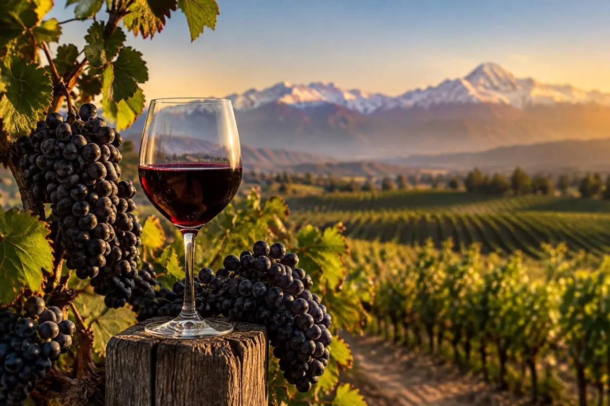 Et glas dyb violetrød Carmenère foran vinmarker og Andesbjergene