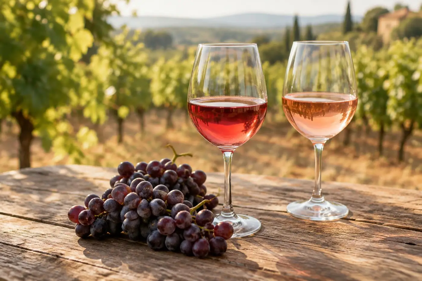 Glas lys rødvin og glas lyserød rosé på træbord med Cinsault-drueklaser i solen