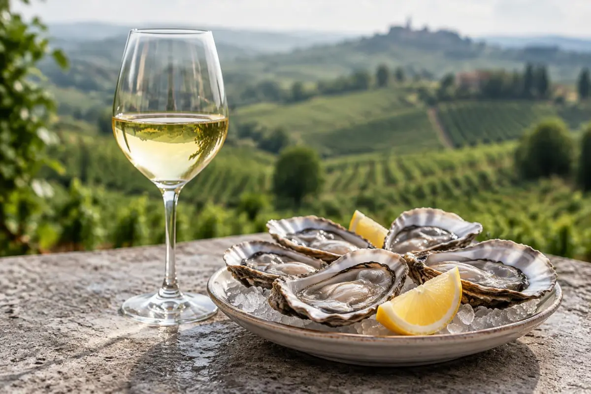 Glas bleg Gavi med østers og citron på stenbord med grønne Piemonte-bakker bag