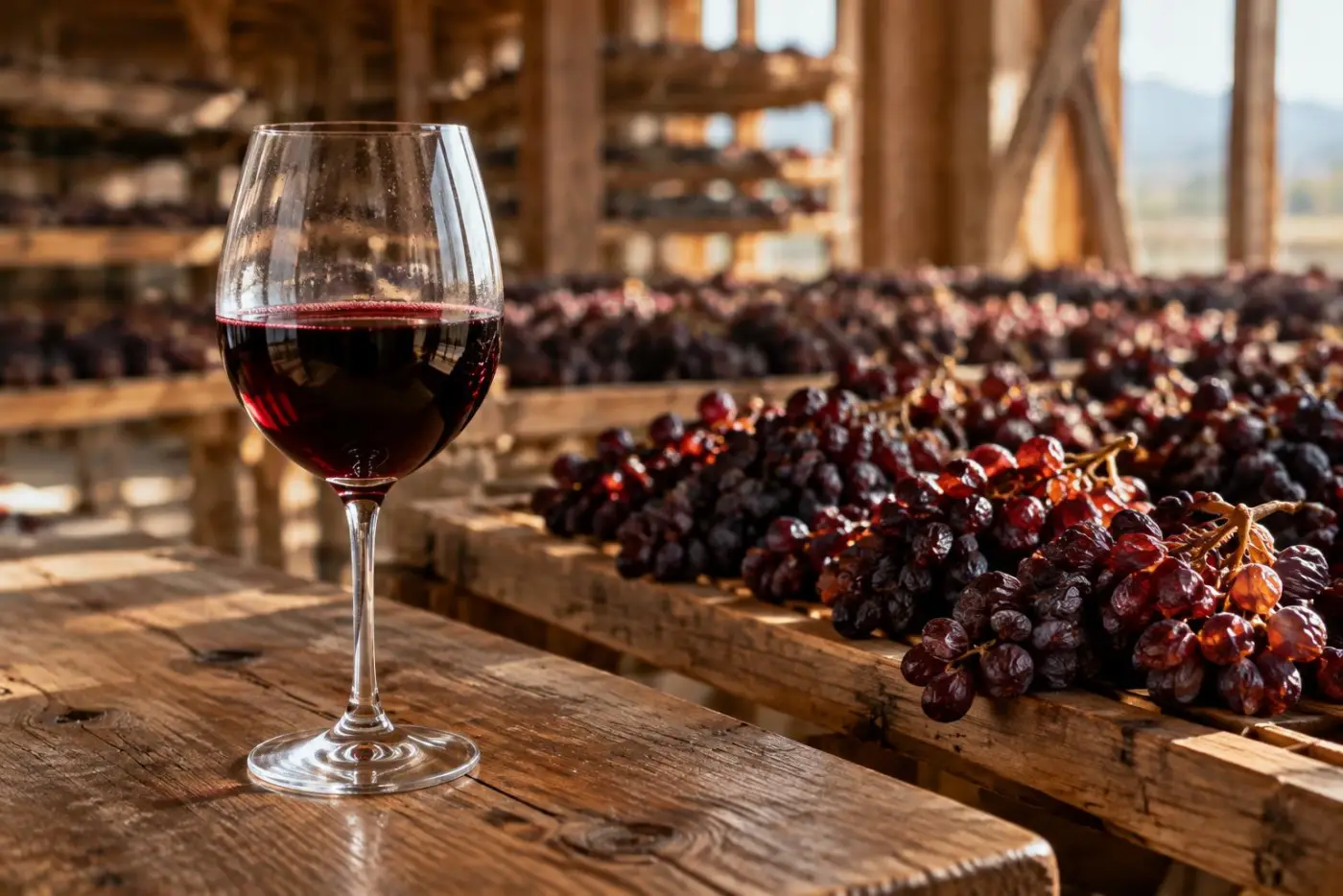 Glas mørkerød Amarone foran Corvina-druer, der tørrer på træbakker i et loft