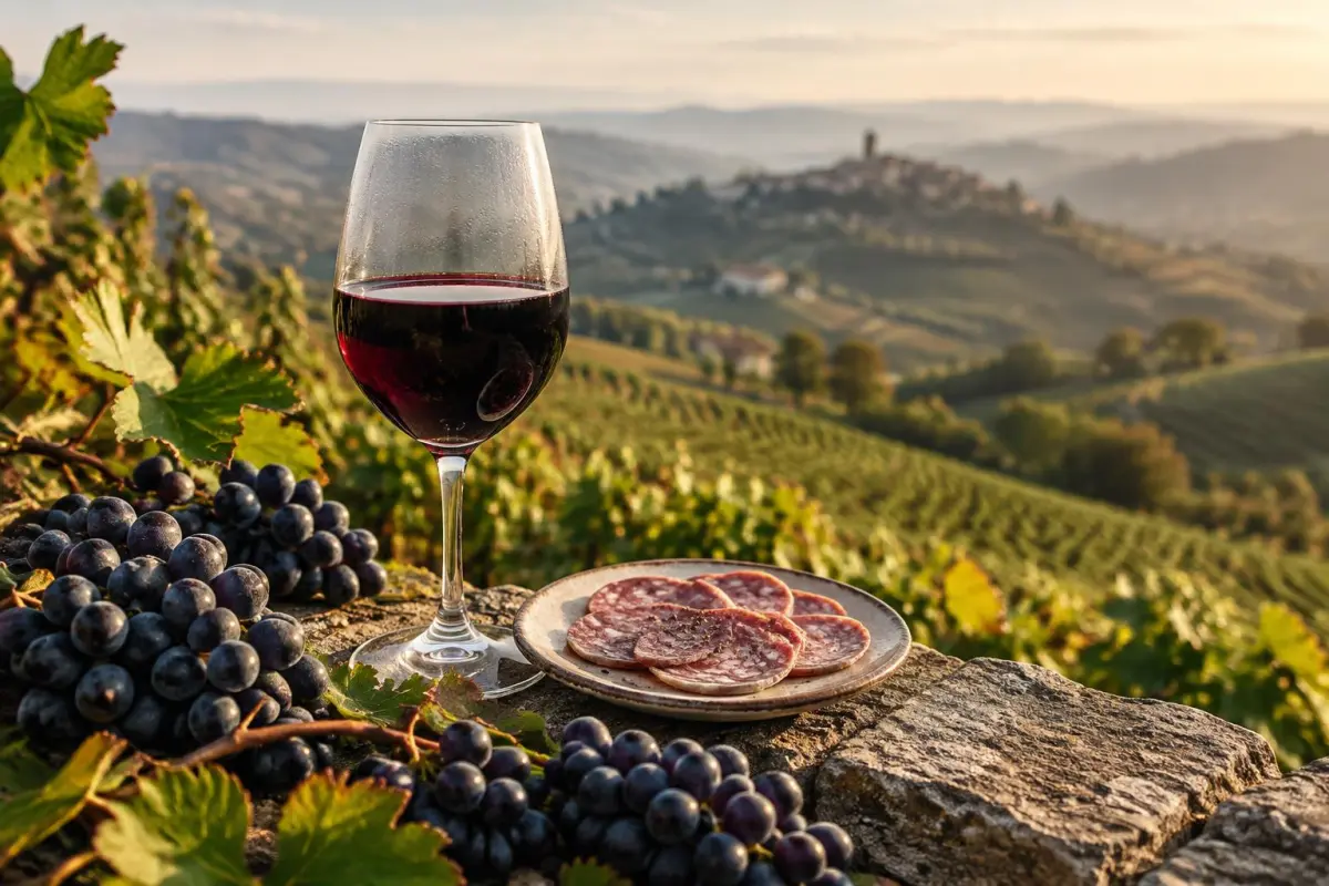 Glas purpurrød Dolcetto og en tallerken salami foran bølgende vinmarker i Piemonte