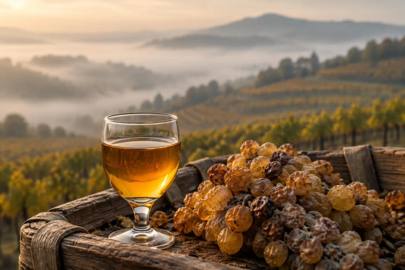 Glas ravgylden Tokaji med ædelrådne Furmint-druer i vinmark i Tokaj