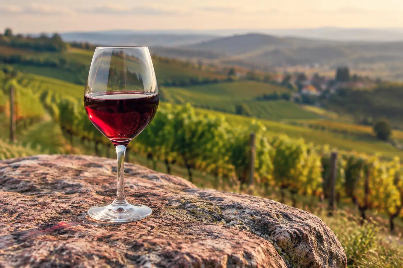 Glas lys, saftig rødvin på granitsten med Beaujolais-vinmarker og bløde bakker bagved