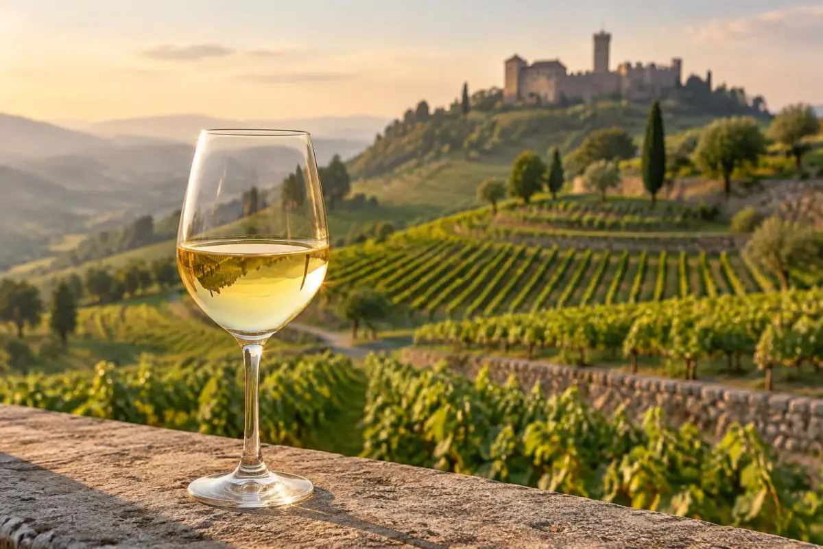 Et glas lys strågul Soave foran vinmarker og en middelalderborg i Veneto