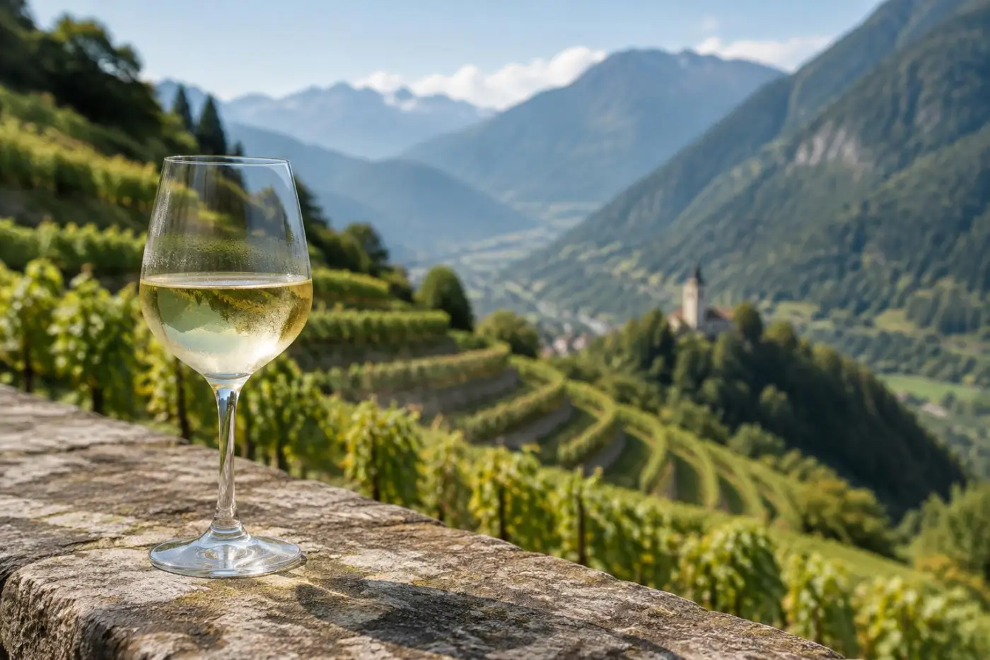 Glas lys hvidvin på terrasse over stejle vinmarker i alpedal i Sydtyrol