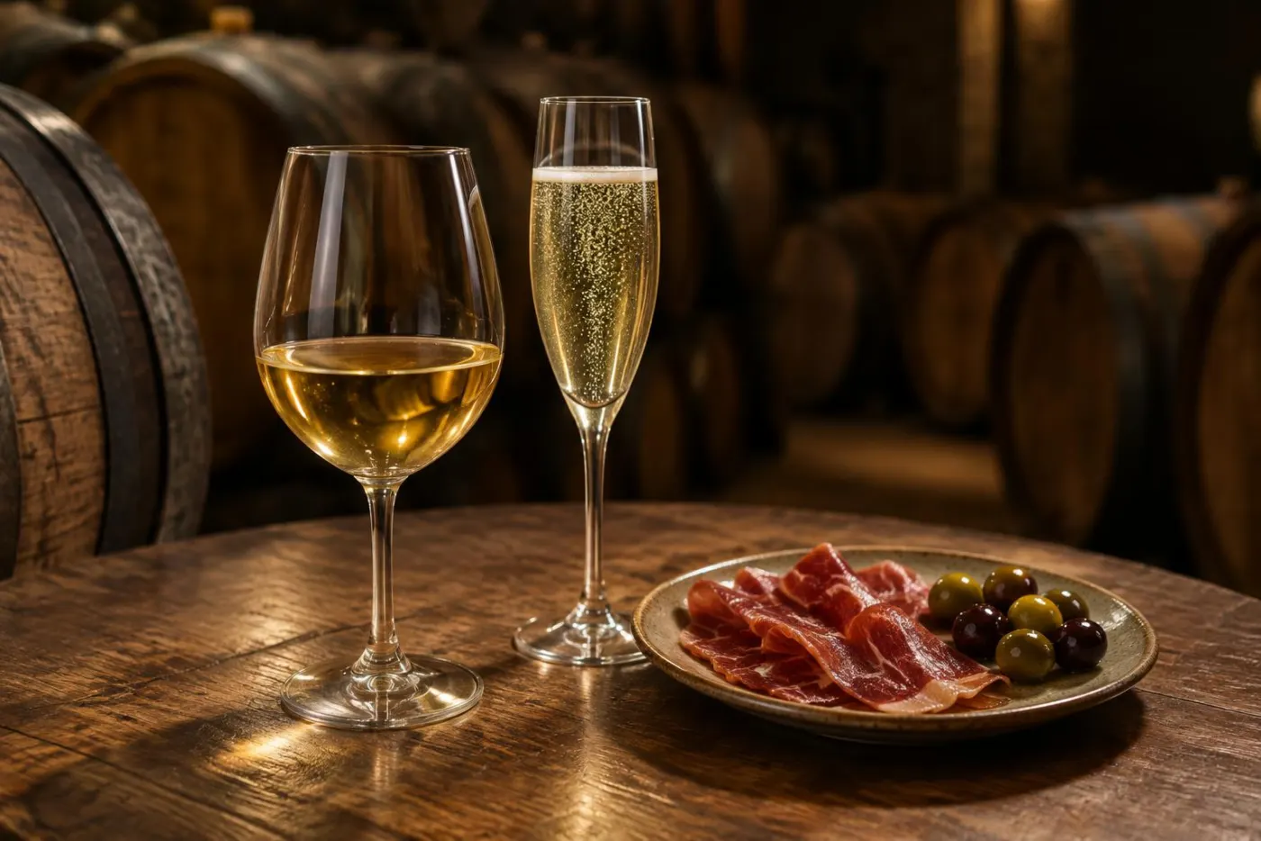 Glas gylden hvid Rioja og glas cava med tapas på bord i spansk bodega