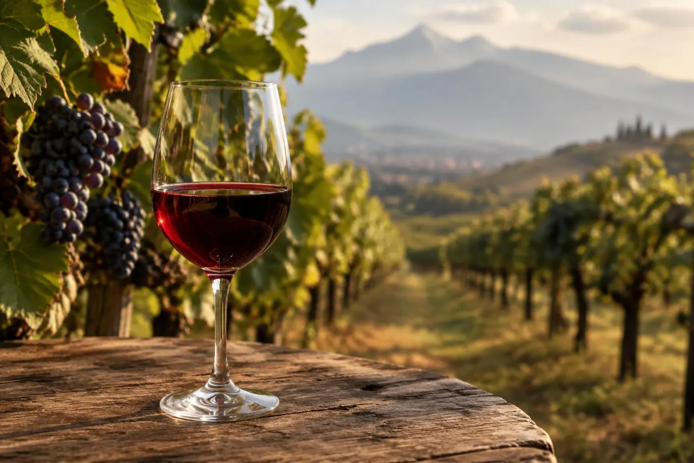Glas mørk Montepulciano ved vinmark i Abruzzo med bjerge i baggrunden