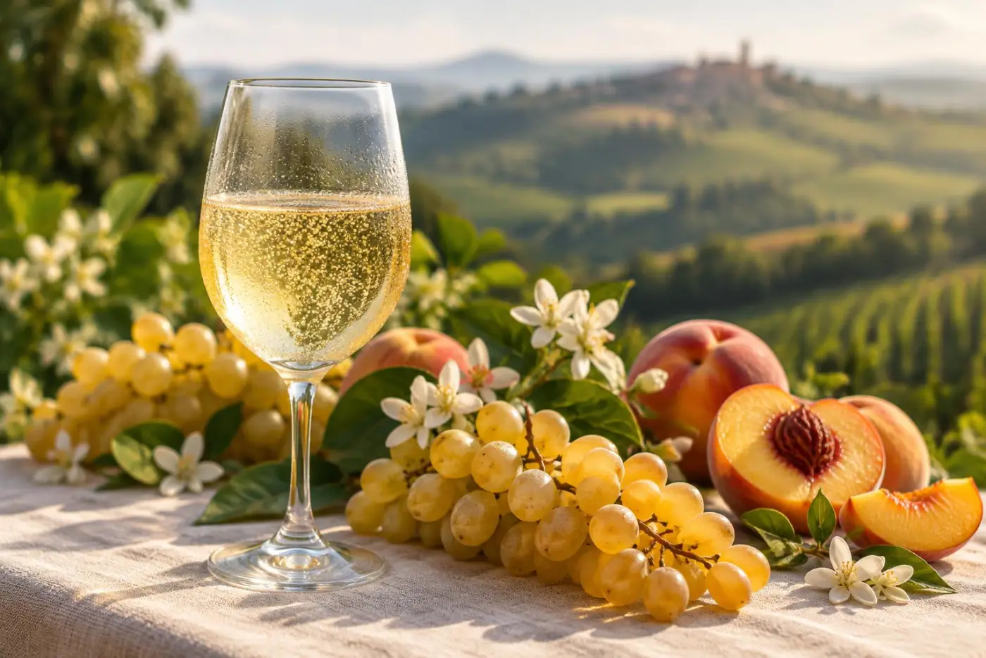 Glas gylden Moscato med modne muskatdruer og ferskner på bord i Piemonte