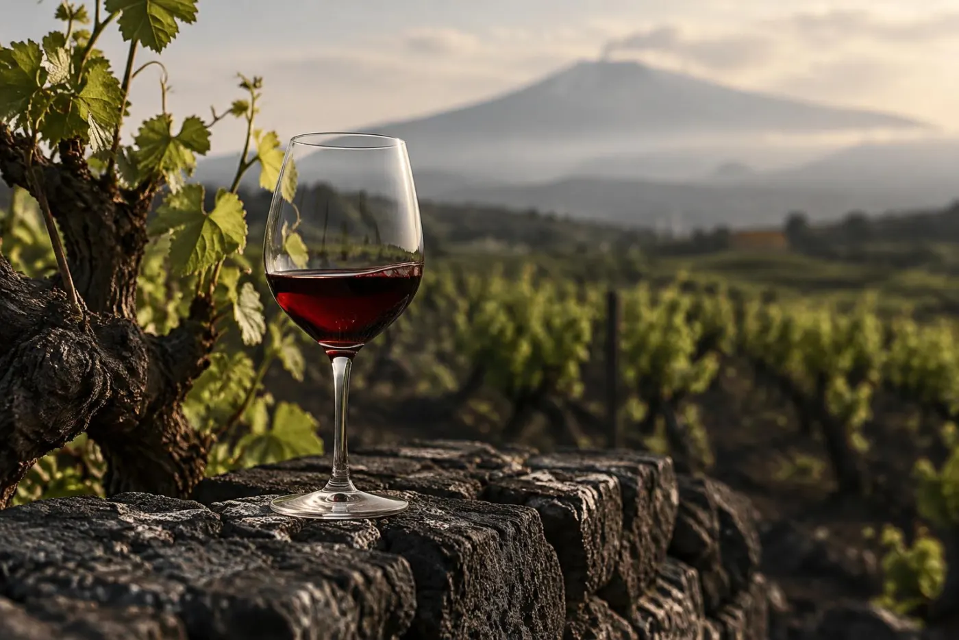Glas lys rød Etna Rosso ved gamle busketvinstokke i sort vulkansk jord på Etna