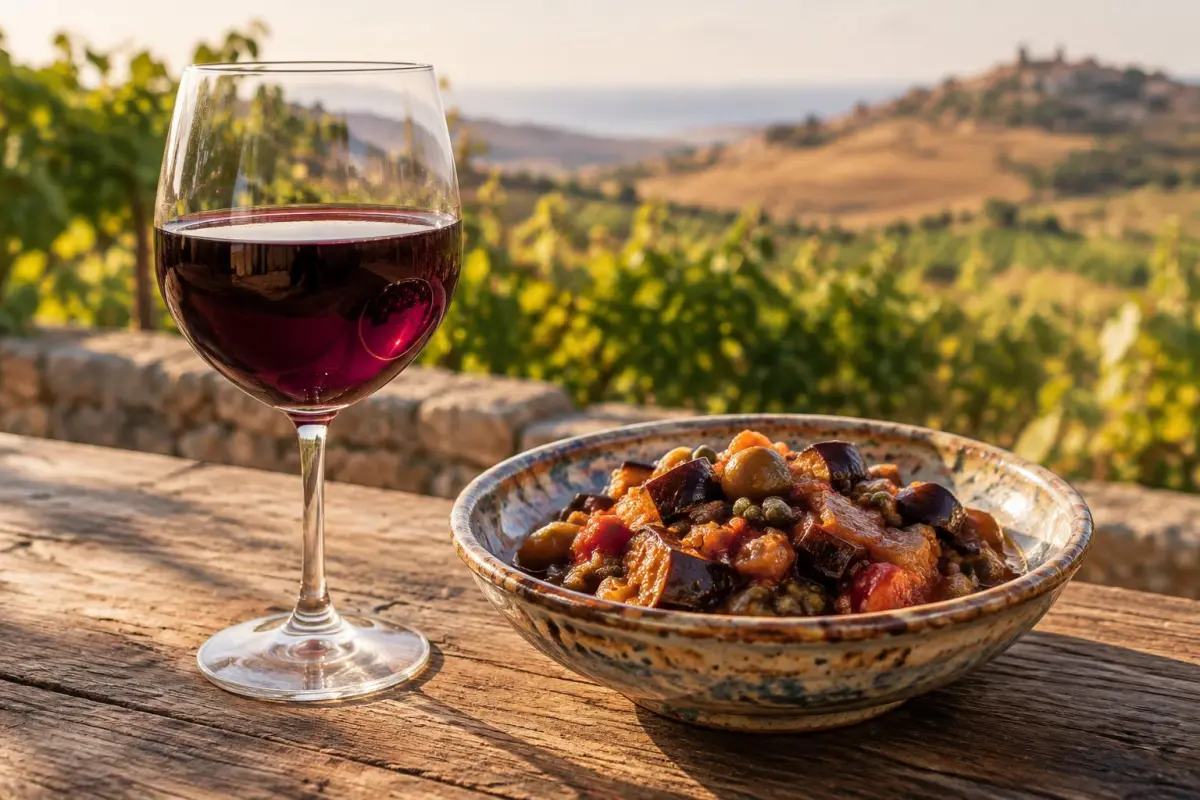 Glas mørk Nero d'Avola og caponata på et bord i siciliansk solskin