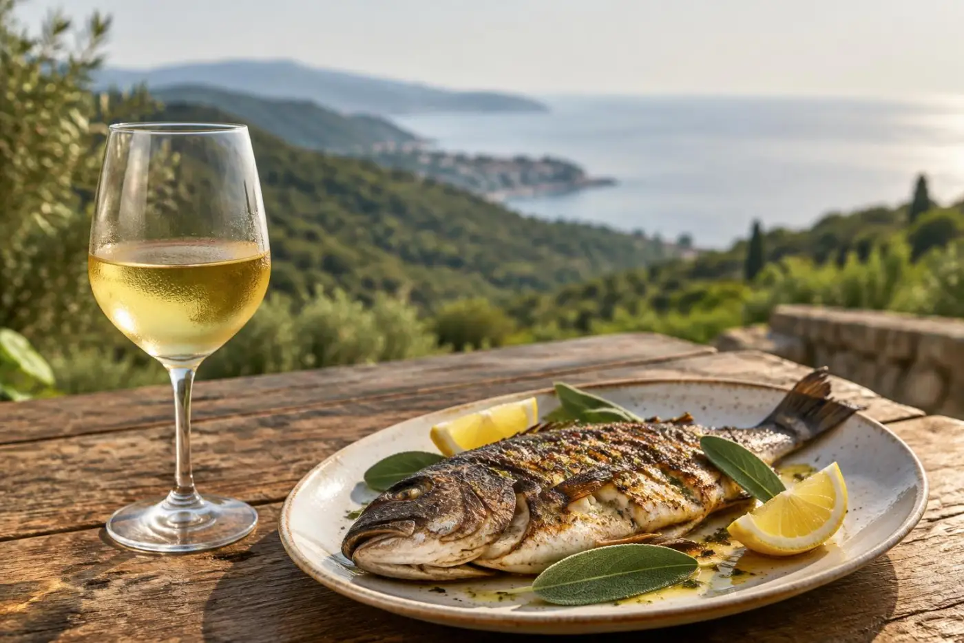 Glas strågul Pecorino med grillet fisk og salvie på træbord ved Adriaterhavet