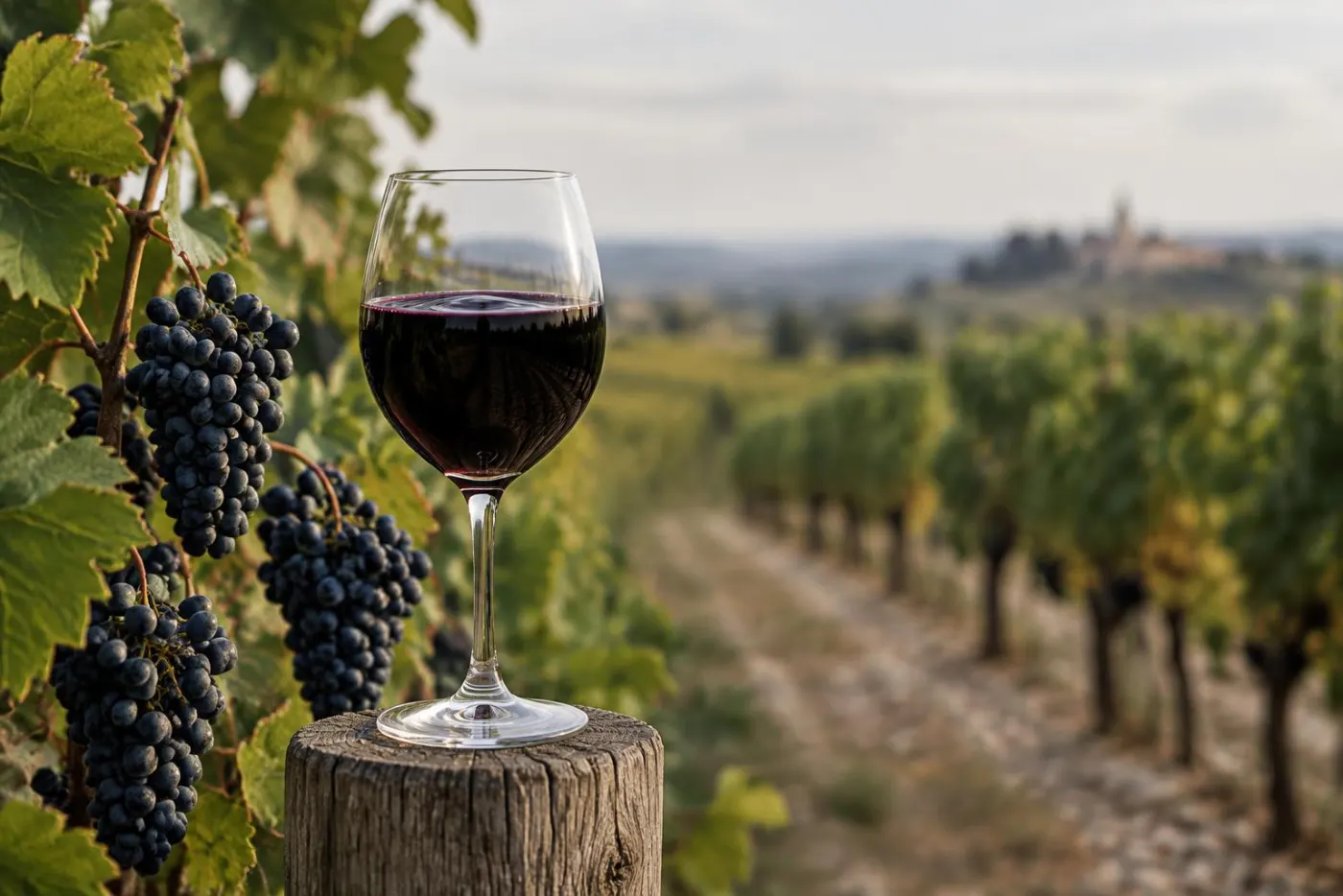Glas næsten sort rødvin ved små, mørkeblå Petit Verdot-druer på stokken i Bordeaux